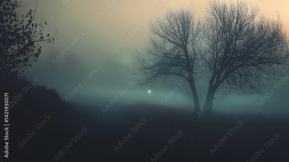 Poster solitary tree emerging from the enveloping fog in a dreamlike forest landscape creating a surreal at