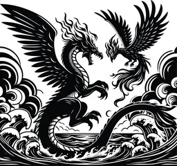 Phoenix and Leviathan Clashing in the Sky – Mythical Creatures in Fiery Fantasy Battle
