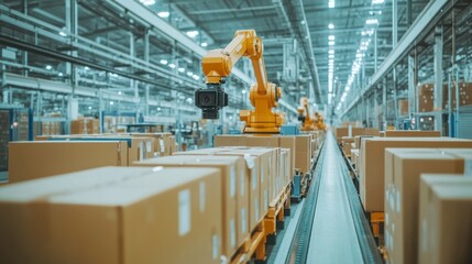 Naklejka premium Yellow robotic arm moving cardboard boxes along a conveyor belt in a modern warehouse or factory. Bright lighting, industrial setting.