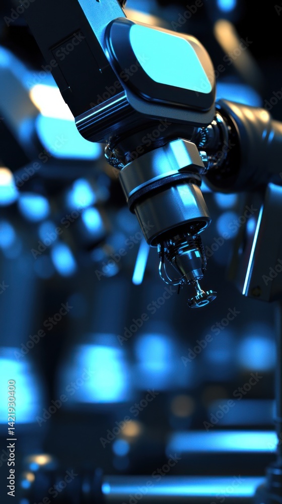 Poster close-up of a robotic arm in a futuristic factory setting, showcasing advanced technology and automa