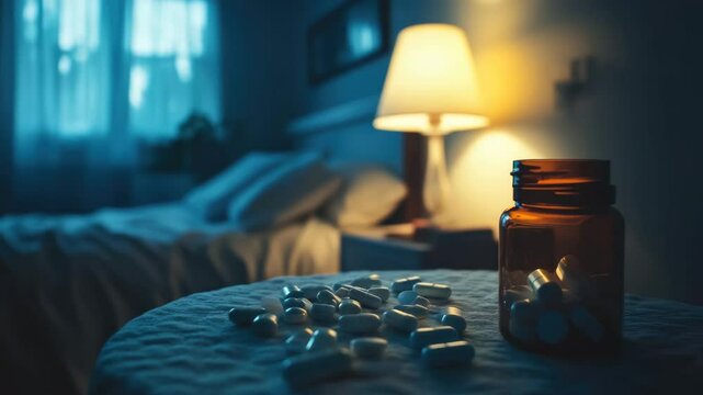 Bedroom home scene. Bottle of pills on bedside table with many scattered tablets. Sad depression atmosphere. Insomnia problem, sleepless night.