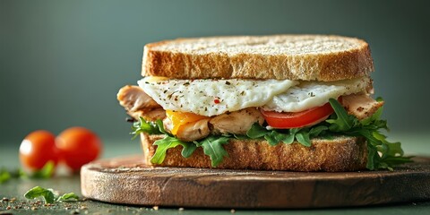 Delicious sandwich with grilled chicken, fresh vegetables, and a sunny side up egg served on whole grain bread