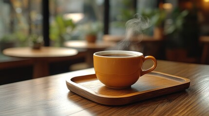 Obraz premium Steaming hot coffee in a yellow cup on a wooden tray, in a cafe.