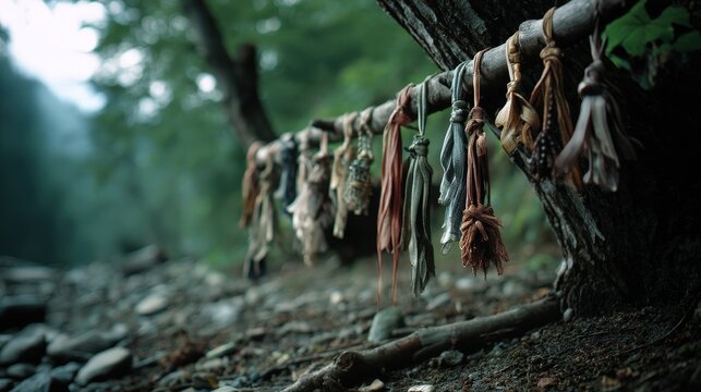 Traditional prayer ties displayed in forest realistic photography nature scene