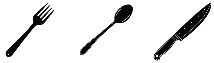 A shiny silver fork, knife, and spoon are isolated kitchen utensils, essential metal cutlery for any dinner or meal