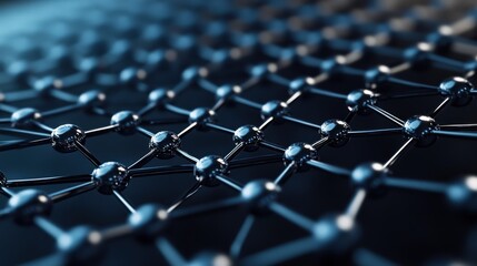 Obraz premium Metallic spheres connected by lines forming a repeating pattern in blue