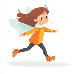 Whimsical Fairy Child Ice Skating Adventure on a Crisp Winter Day with Pastel Wings and Orange Skates