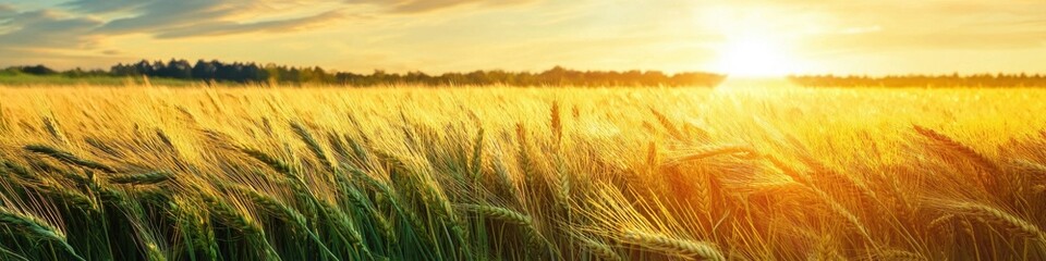 A panoramic view of a barley field at sunset, with warm hues reflecting off the golden crops. The expansive sky offers a perfect space for promotional text.
