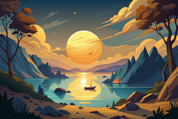 "Serene Landscape Vector: Tree Silhouette and Moonlit Lake Reflection Scene"