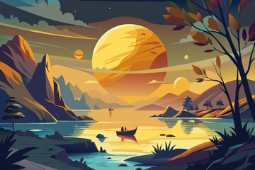 "Serene Landscape Vector: Tree Silhouette and Moonlit Lake Reflection Scene"