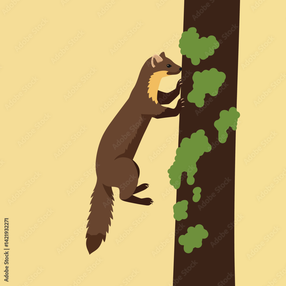 Poster brown squirrel climbing tree trunk with green moss on beige background in square format digital illu