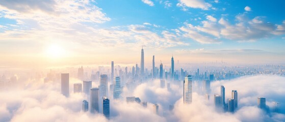 Fototapeta premium Aerial view of futuristic megacity at sunrise with volumetric clouds and skyscrapers