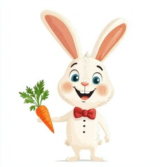 Obraz premium Adorable Easter Bunny Character with Carrot and Red Bow Tie Stands on White Background Image