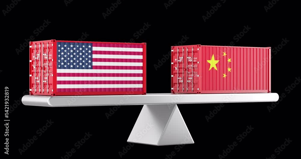 Poster china and usa trade balance. animation, seamlessly loopable. 3d rendering isolated on transparent ba