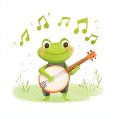 Naklejka premium Cheerful Frog Serenading with a Banjo Surrounded by Musical Notes and Greenery in a Whimsical Scene