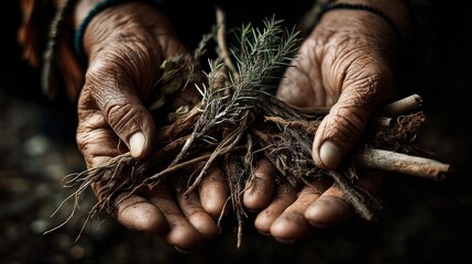 Indigenous elders holding traditional roots natural setting realistic photograph close-up view cultural heritage