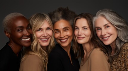 Fototapeta premium A diverse group of beautiful women with different skin tones, from black to white with natural beauty and glowing smooth skin