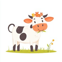 Happy Cow in a Meadow With Flowers Illustration Delightful Farm Animal Art for Children Projects