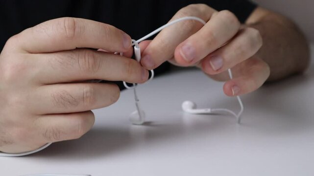 Hands untangling white earphones on a white surface