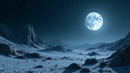Serene lunar landscape, vast icy plains under a radiant full moon, majestic mountains silhouetted against the starry night sky, a breathtaking celestial scene.