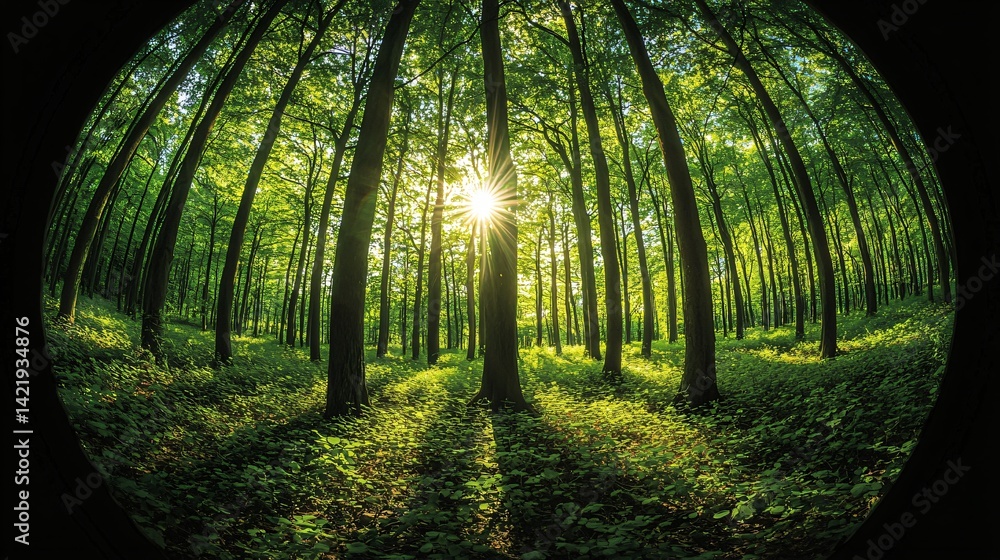 Poster enchanting forest scene where sunlight filters through lush green trees creating a dreamlike and wei