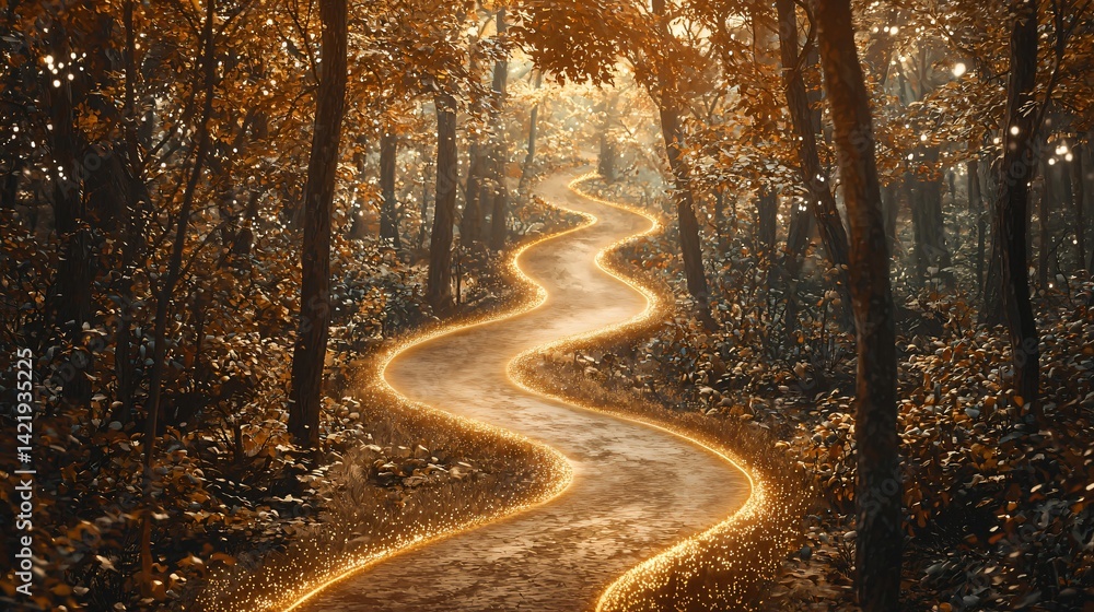 Poster winding path through verdant forest bathed in golden hour light creating a dreamlike and enchanting 