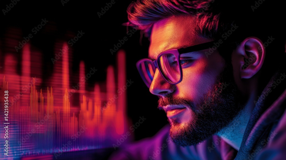 Poster focused man with beard and glasses reviewing data on a screen with red and blue light.