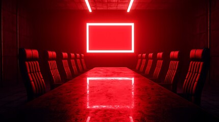 Modern meeting room with red neon lighting, long table and executive chairs for a futuristic corporate environment.