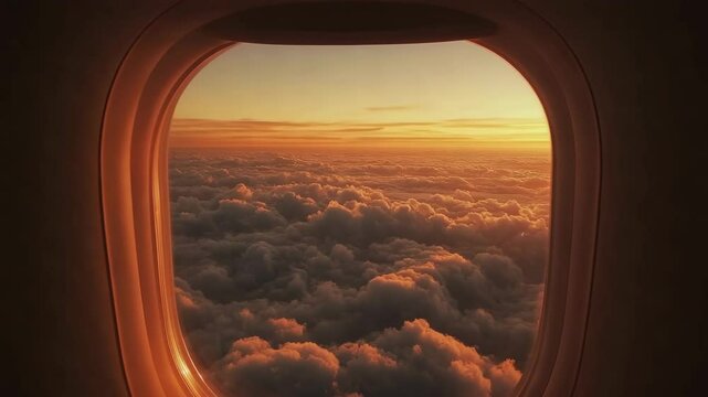 Stunning view from air plane window, mesmerizing sunset above blanket of clouds. Vibrant orange horizon. Fluffy cloud. Serene sky scene, adventure tranquility. Travel, exploration, beauty of nature.