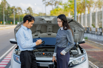 A professional auto insurance agent conducts a vehicle inspection and clearly communicates the...
