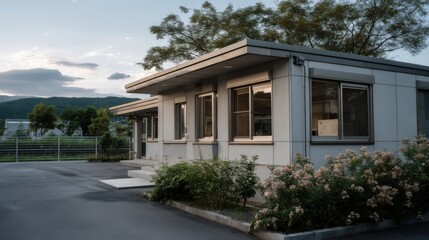 Fototapeta premium Light Gray Modern Building Exterior Amidst Greenery