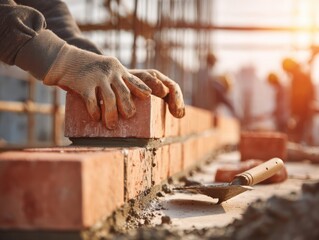 Careful bricklayer laying red bricks on a construction site, symbolizing building, progress, and craftsmanship. Ideal for construction companies, real estate developers, and home improvement services.