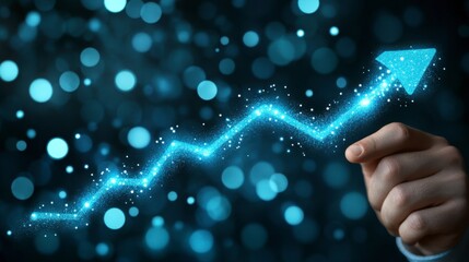 Hand interacting with a glowing blue upward arrow, bokeh background.