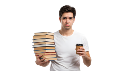 Stressed student holding books and coffee studying for exams college university education lifestyle studying hard on transparent background