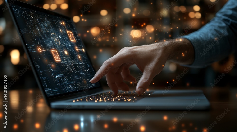 Poster close up of a hand interacting with a laptop screen displaying a network of glowing data points, set