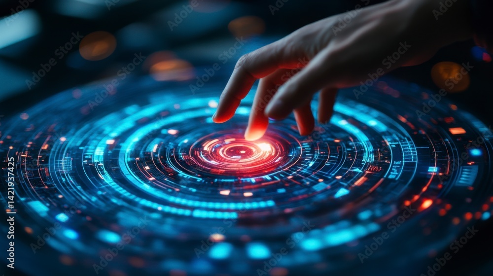 Poster a hand interacts with a glowing circular technological interface, featuring intricate blue and red c