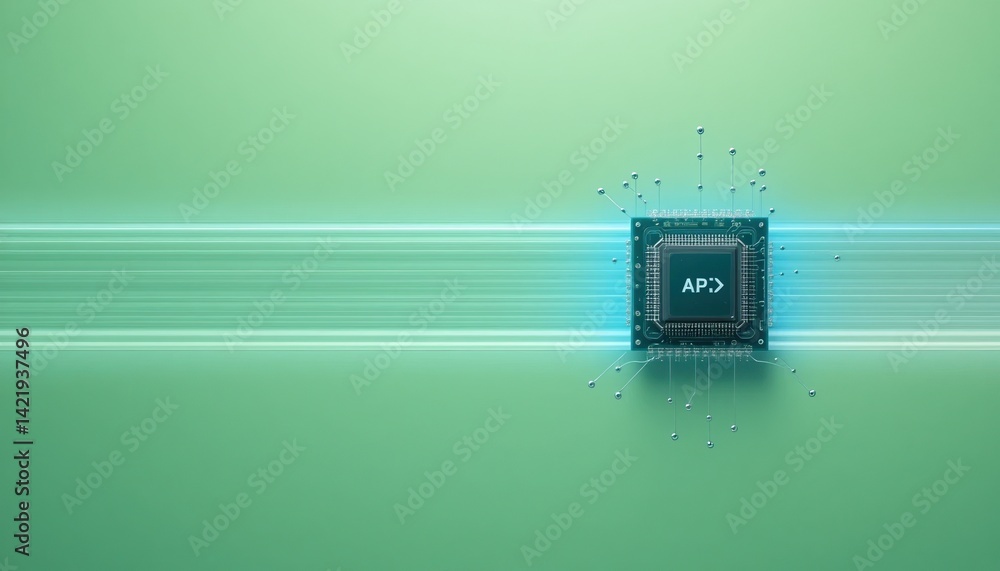 Poster innovative technology action featuring advanced microchip design in a digital environment showcasing