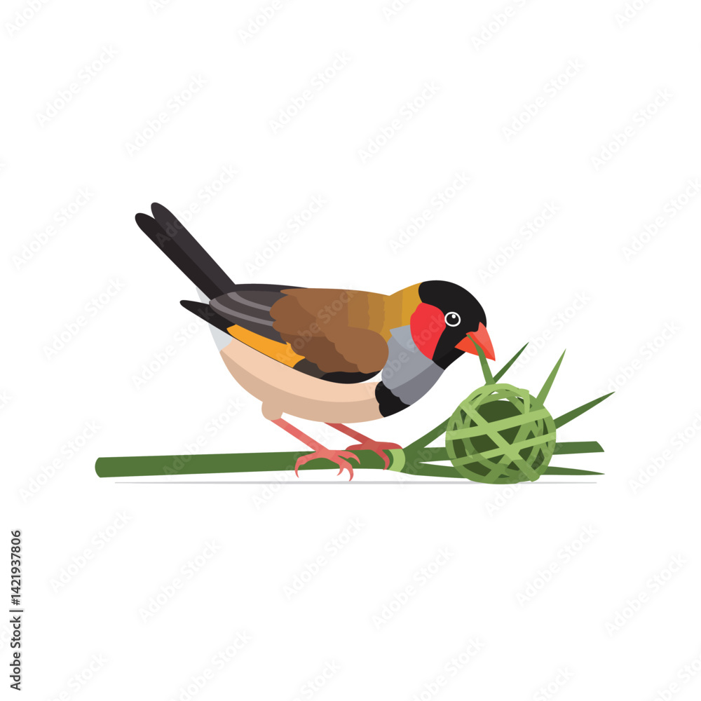 Poster small colorful bird constructing nest with green woven material on branch in natural habitat