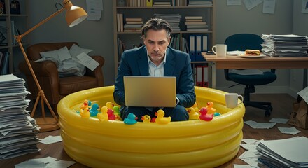 Businessman working in kiddie pool with rubber ducks funny office situation work from home concept