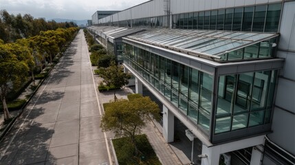 Modern Building Complex with Glass Walkways and Tree Lined Paths