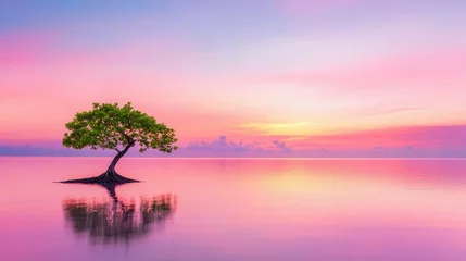 Fotobehang Fluor Roze Minimalistic view of a lone tree at dusk, sunset colors painting the sky with warmth and calm  © Friendly Studio