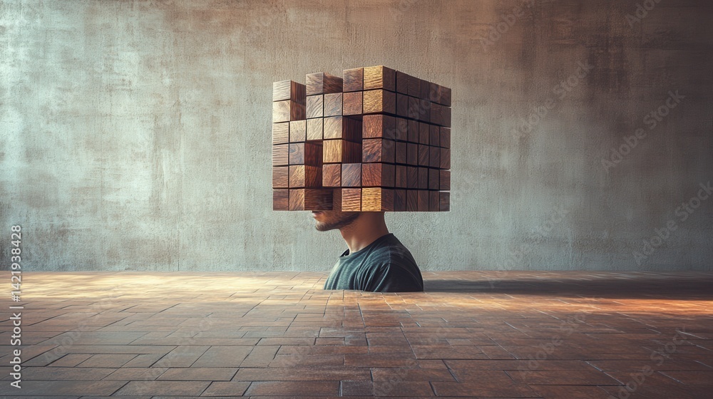 Poster a man's head is replaced by a cube of small brown blocks. the scene is dark and moody, with a rustic