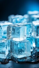 Top view of ice cubes on blue background. The background of ice cubes is blue with a fresh nuances background concept.