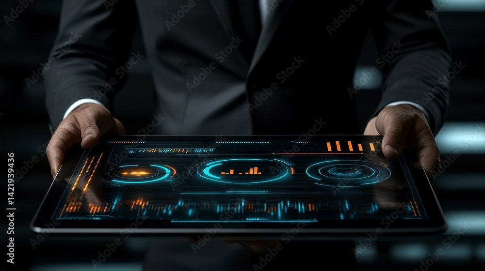 Poster person in dark suit presents a tablet displaying futuristic digital interface with glowing charts an