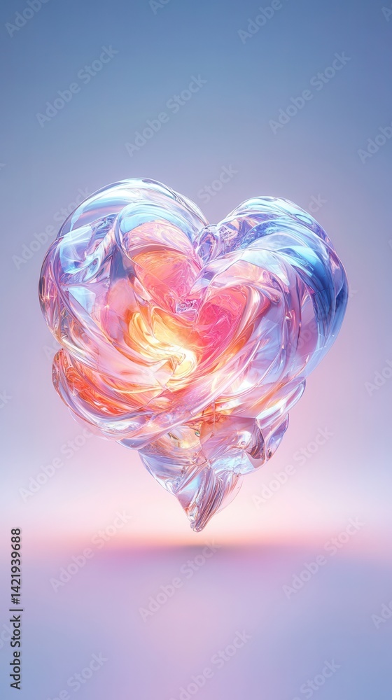Poster love and heart concept. translucent heart shape with colorful swirls and a soft gradient background.