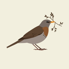 Obraz premium Bird holding twig in its beak simple nature illustration with earthy tones and minimalist style 