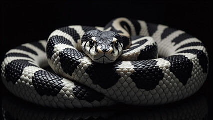 Obraz premium Black and White Snake Coiled Against Black Background