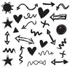 Line arrow hand drawn shape brush underline stroke element vector set. Hand drawn doodle sketch arrow, circle, star brush stroke scribble underline icon. Marker doodle heart vector illustration.