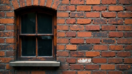 A weathered window framed in dark wood, set within a textured brick wall, showing age and character