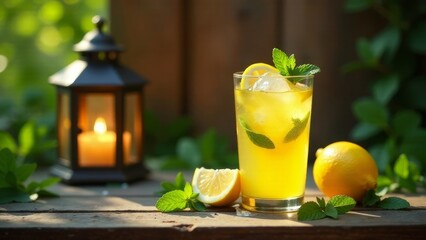 Refreshing summer beverage with citrus and mint garnishes, next to a lit lantern on a wooden surface